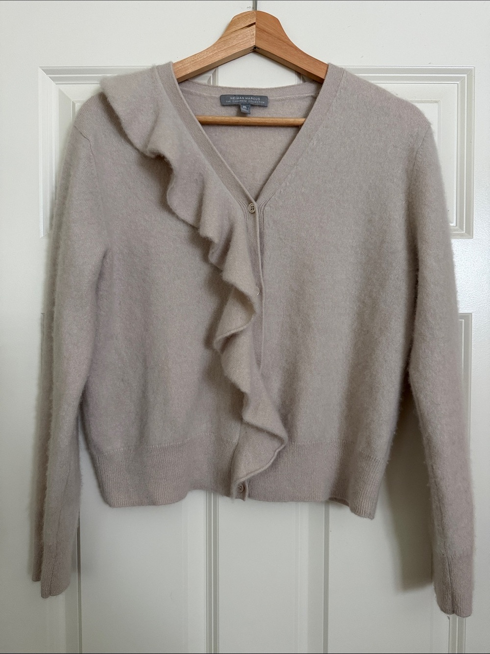 Neiman Marcus Ruffle-Front V-Neck 100% Cashmere Cardigan - Light Beige